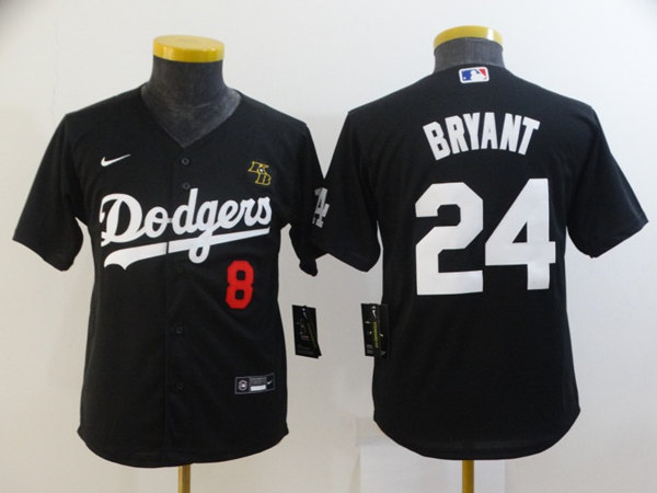 Youth Los Angeles Dodgers Front #8 Back #24 Kobe Bryant With KB Patch Black Cool Base Stitched Jersey